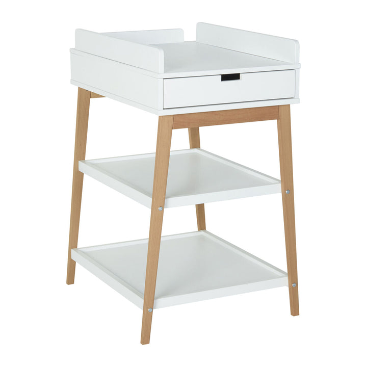 Quax Luiertafel Hip + Lade in White/Naturel, stevig en stijlvol met voldoende opbergruimte.