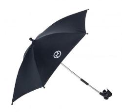 Zwarte Cybex parasol bevestigd aan een kinderwagen, beschermt tegen zon