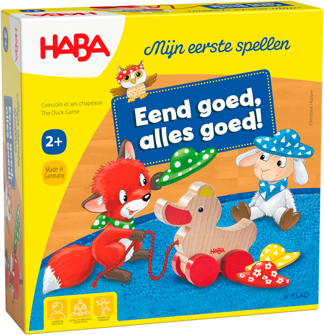 Haba spel Eend Goed, Alles Goed!, memoryspel voor kinderen vanaf 2 jaar met eend Lu en hoedjes in verschillende kleuren en patronen