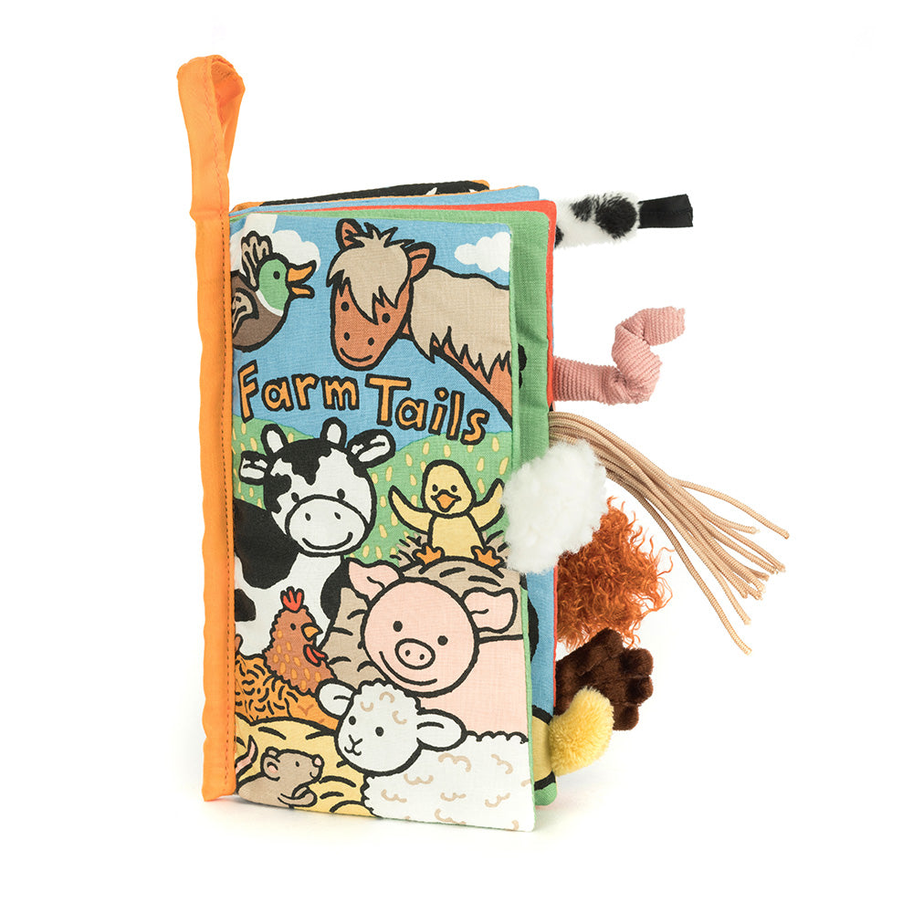 JellyCat stoffen boekje Farm Tails met kleurrijke diertjes en zachte staarten