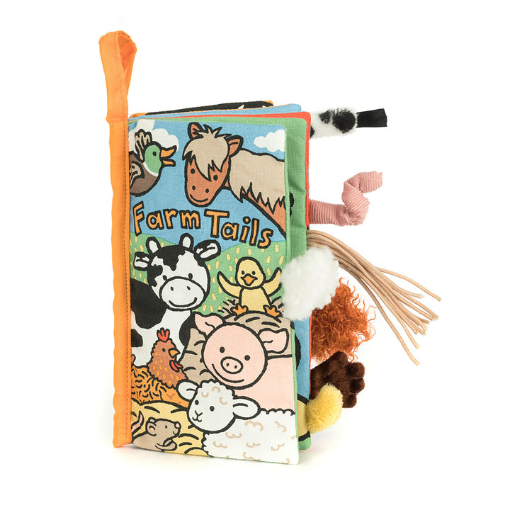 JellyCat stoffen boekje Farm Tails met kleurrijke diertjes en zachte staarten