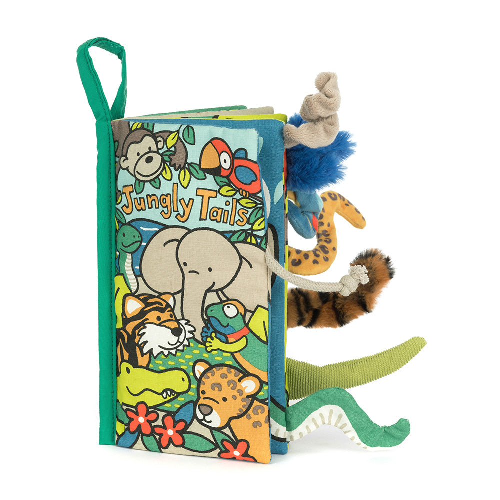 JellyCat stoffen boekje Jungly Tails met kleurrijke diertjes en zachte staarten