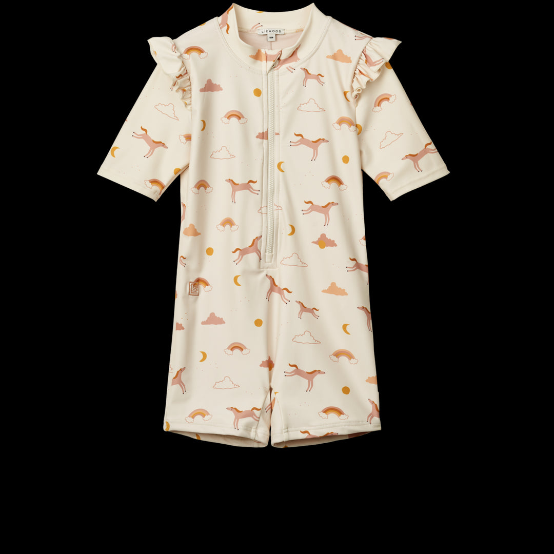 Liewood Amel zwemjumpsuit met ruches en rits in Dream Ecru, UV-beschermend