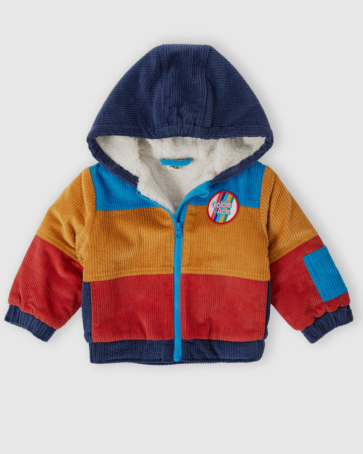 Goldie + Ace retro corduroy jas met kleurblokken en sherpa voering