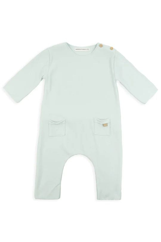 Babybody van Bamboom in Sky Grey, met houten knopen en voetjes, Pure-lijn