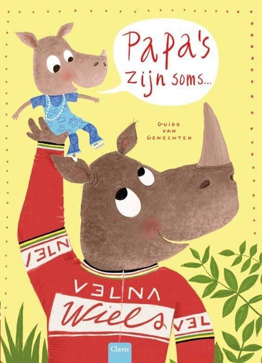 Illustratie van 'Papa's Zijn Soms...' door Clavis, waarin verschillende papa's in alledaagse situaties worden getoond
