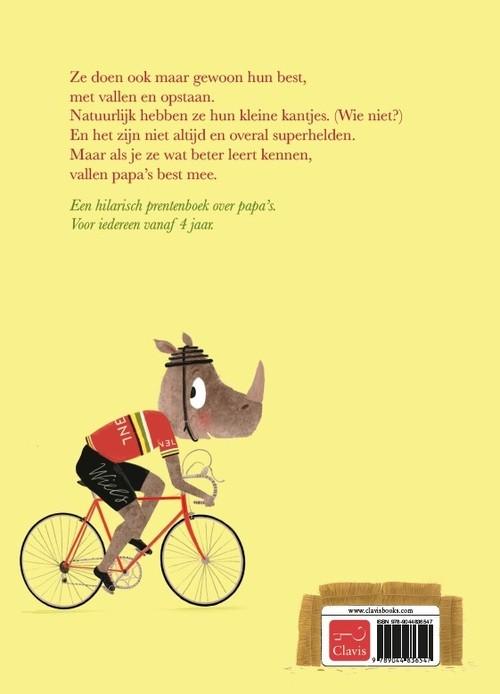 Illustratie van 'Papa's Zijn Soms...' door Clavis, waarin verschillende papa's in alledaagse situaties worden getoond