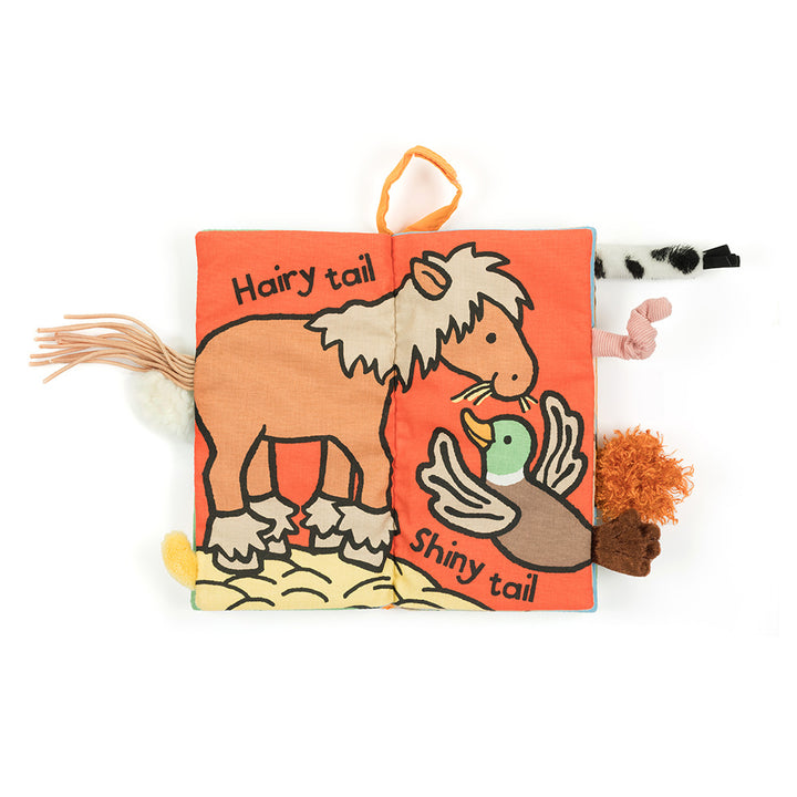 JellyCat stoffen boekje Farm Tails met kleurrijke diertjes en zachte staarten