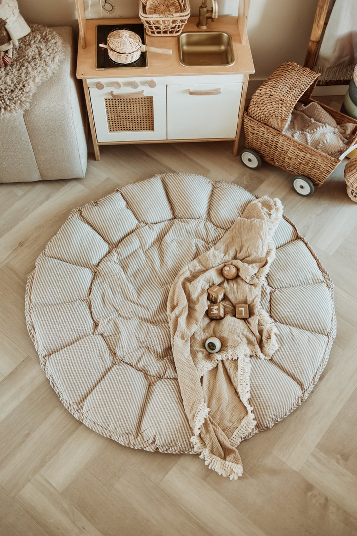 Play & Go Speelmat Blue Stripes Brown, omgevormd tot babynestje en opbergzak, ideaal voor baby’s