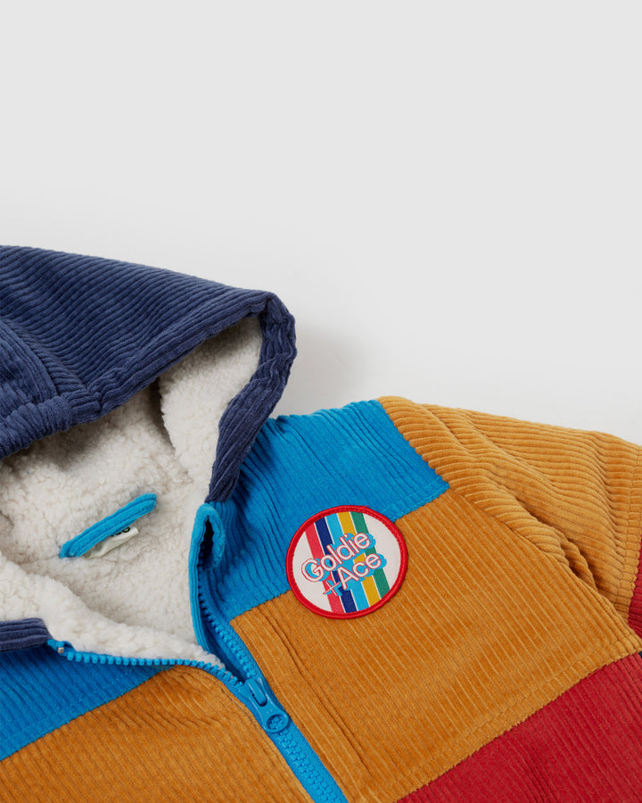 Goldie + Ace retro corduroy jas met kleurblokken en sherpa voering