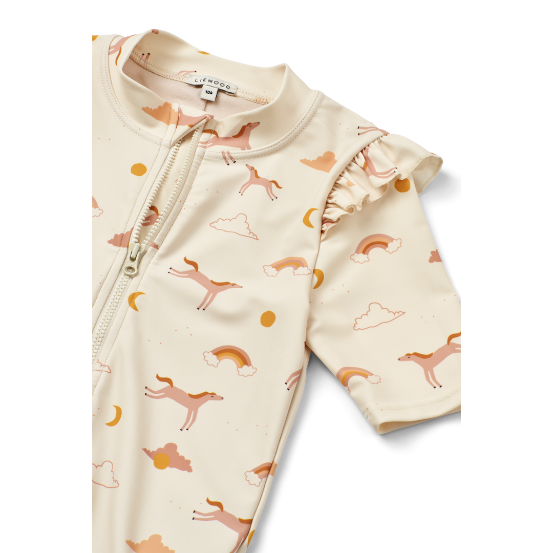 Liewood Amel zwemjumpsuit met ruches en rits in Dream Ecru, UV-beschermend