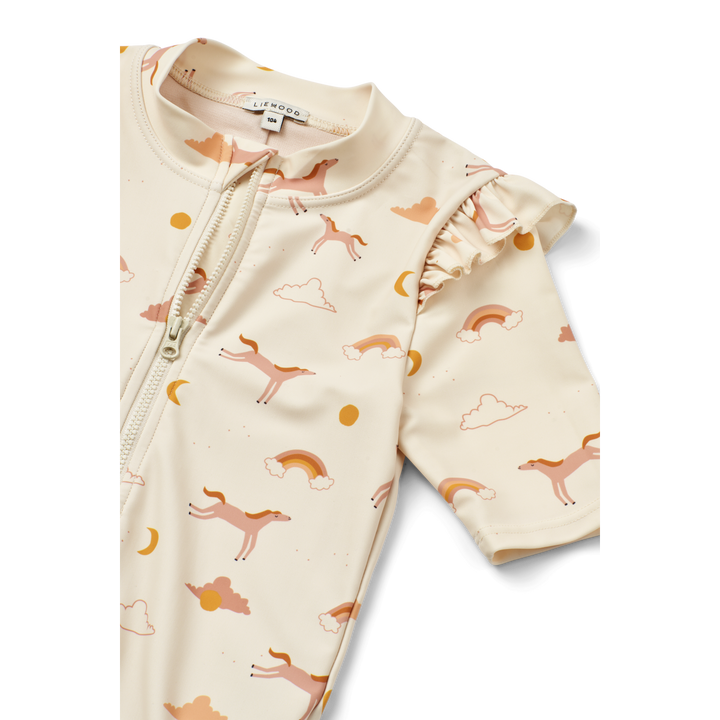 Liewood Amel zwemjumpsuit met ruches en rits in Dream Ecru, UV-beschermend