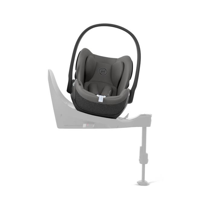 Cybex Cloud T i-Size baby-autostoel in mirage grey, getoond in liggende positie met ISOFIX basis.