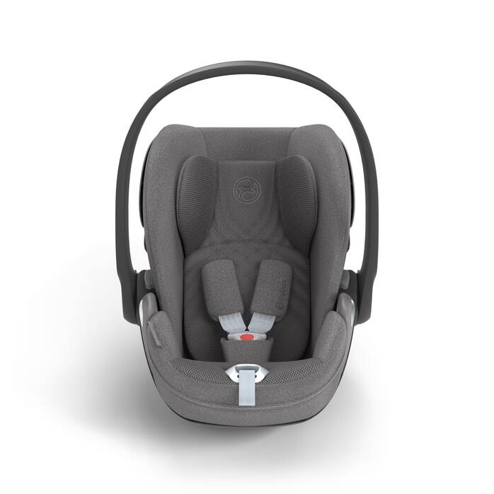 Cybex Cloud T i-Size baby-autostoel in Mirage Grey , getoond in liggende positie met ISOFIX basis.