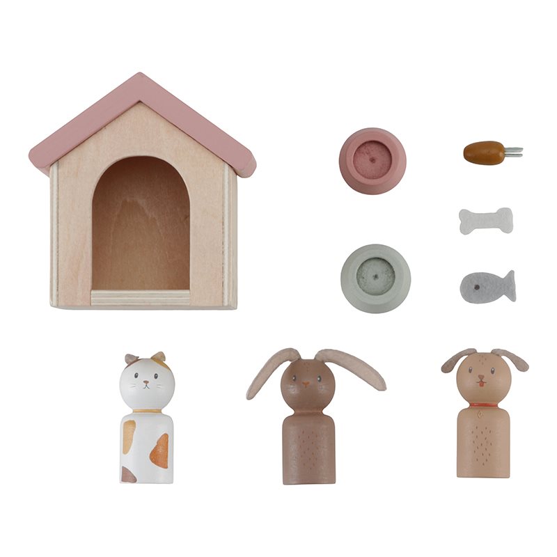 Aanvulset Poppenhuis Huisdieren van Little Dutch met hond, kat, konijn, mandjes en voederbakjes.

