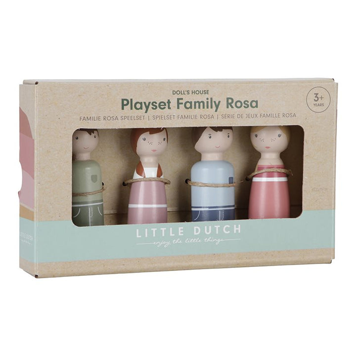 Aanvulset Poppenhuis Familie Rosa van Little Dutch, houten vader, moeder, zoon en dochter peg dolls.