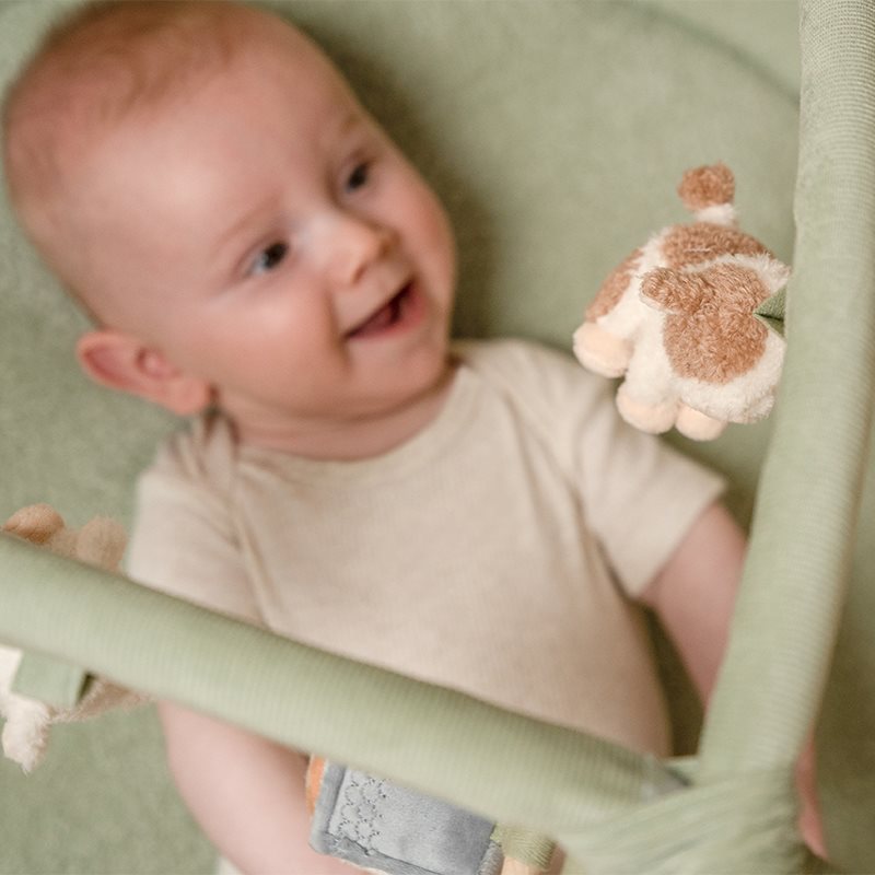 Groen speeltapijt van Little Dutch met corduroy bogen en boerderijknuffeltjes, geschikt vanaf geboorte.