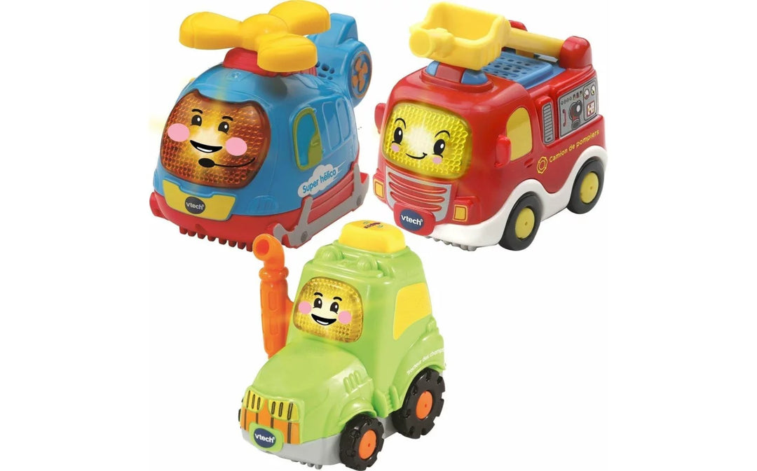 Set van 3 Vtech voertuigen: brandweer, helikopter en tractor met geluid