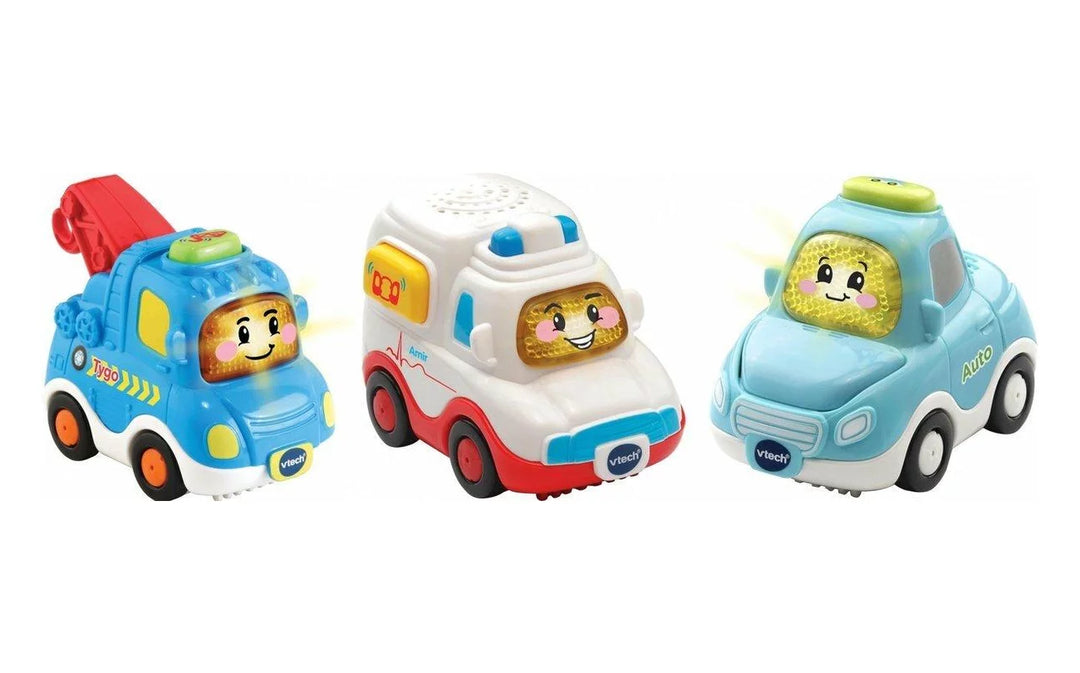 Set van 3 Vtech voertuigen: auto, ambulance en takelwagen met geluid