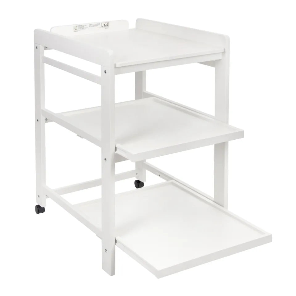 Quax Luiertafel Comfort in White, met uitschuifbare planken en wieltjes, veilig en praktisch.