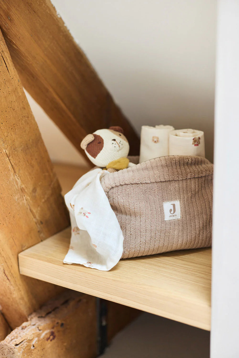 Jollein toilettas Cloudy Rib Milky Coffee met leaf print binnenkant
