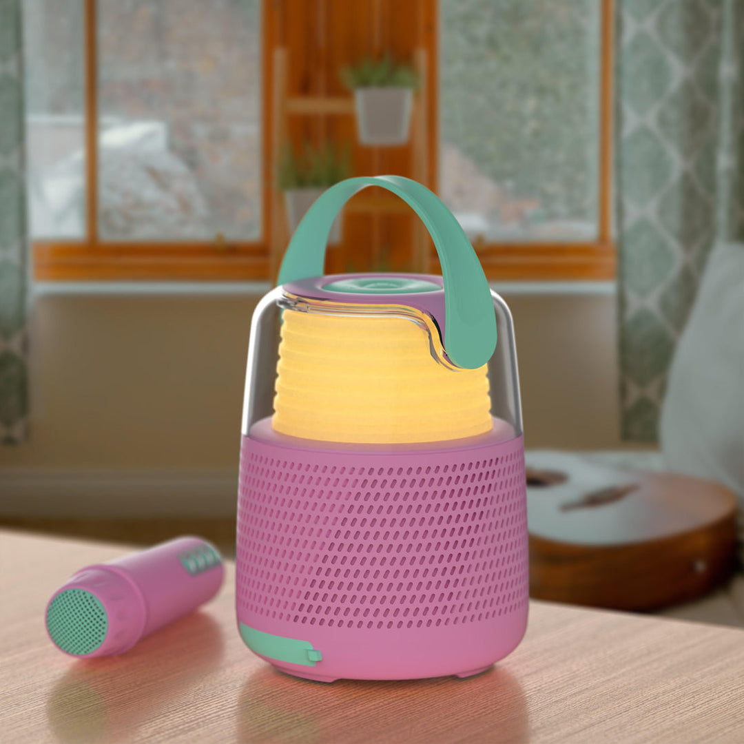 MoB Set Karaoke Pink, inclusief Bluetooth speaker met fascinerende lichteffecten en draadloze microfoon, geschikt voor streaming via Aux, SD-kaart en Bluetooth