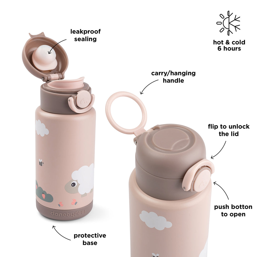 Isolerende drinkfles Done by Deer 340 ml in roze met dierenprint
