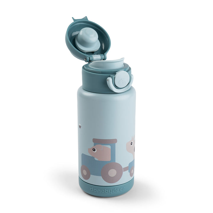 Isolerende drinkfles Done by Deer 340 ml in blauw met dierenprint