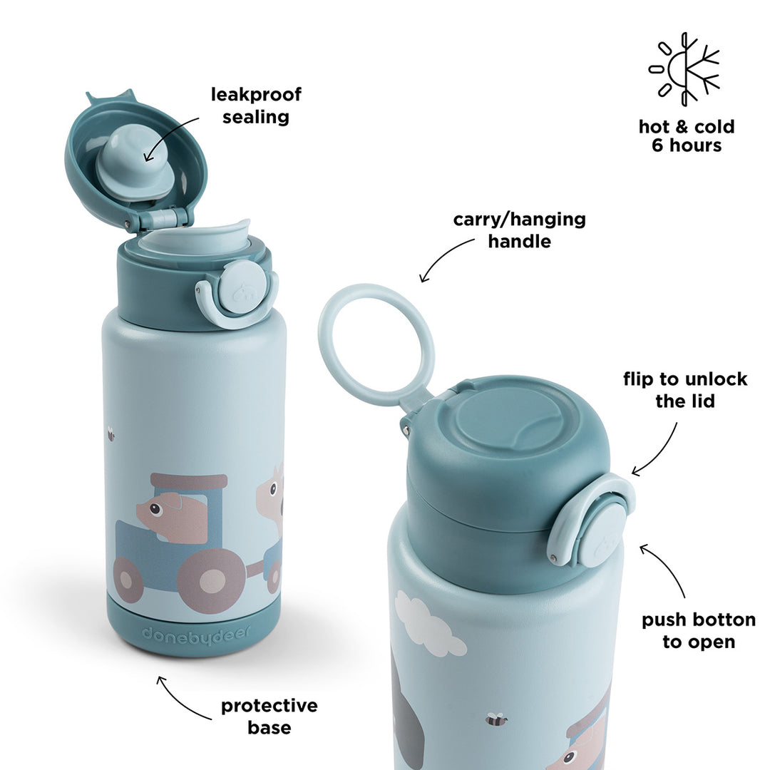 Isolerende drinkfles Done by Deer 340 ml in blauw met dierenprint