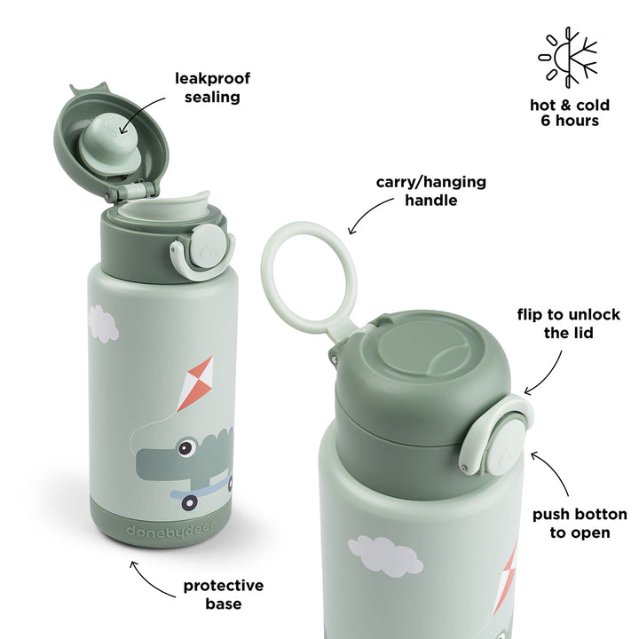 Isolerende drinkfles Done by Deer 340 ml in groene kleur met dierenprint