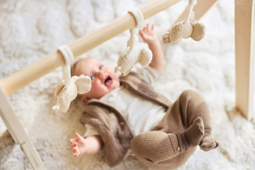 Jollein babygym speeltjes Elephant Tales met drie olifantjes van verschillende stoffen