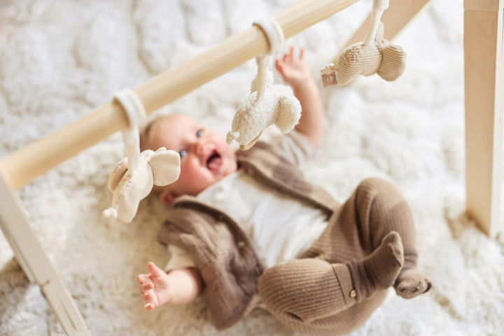 Jollein babygym speeltjes Elephant Tales met drie olifantjes van verschillende stoffen
