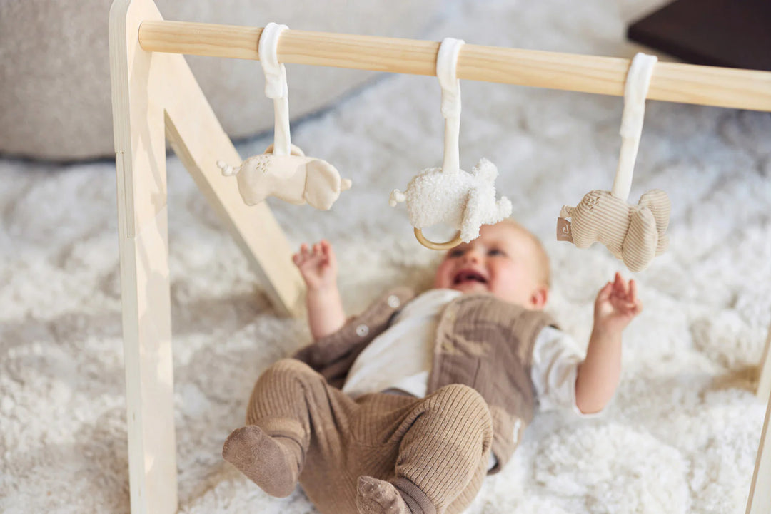 Jollein babygym speeltjes Elephant Tales met drie olifantjes van verschillende stoffen