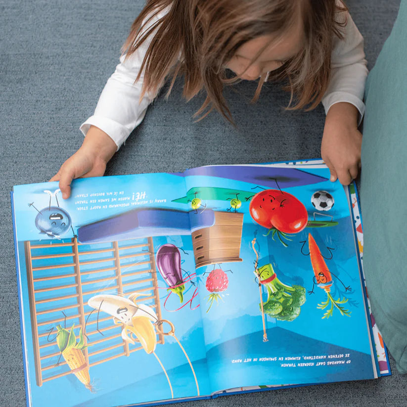 Boek "De Beste" van Hongry met Barry de blauwe bes die leert over doorzetten en zelfvertrouwen