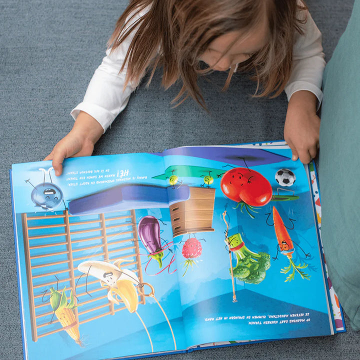 Boek "De Beste" van Hongry met Barry de blauwe bes die leert over doorzetten en zelfvertrouwen