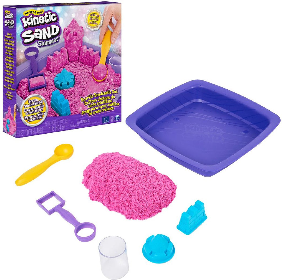 Kinetic Sand set met roze glitterzand, vormpjes en zandbak