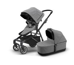 Thule Sleek kinderwagen, Grey Melange on Black, met reiswieg, stijlvol en comfortabel.