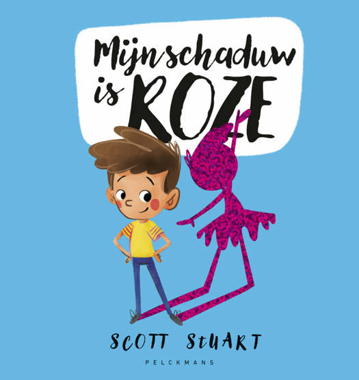 Boekcover van "Mijn Schaduw Is Roze" door Pelckmans, met illustraties van een jongen en zijn roze schaduw