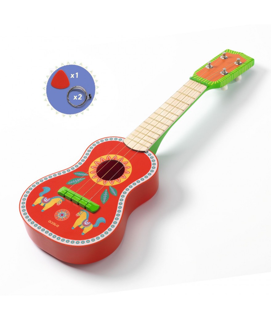 Djeco Ukelele – Rode kinderukelele, ideaal voor muzikale ontwikkeling vanaf 3 jaar