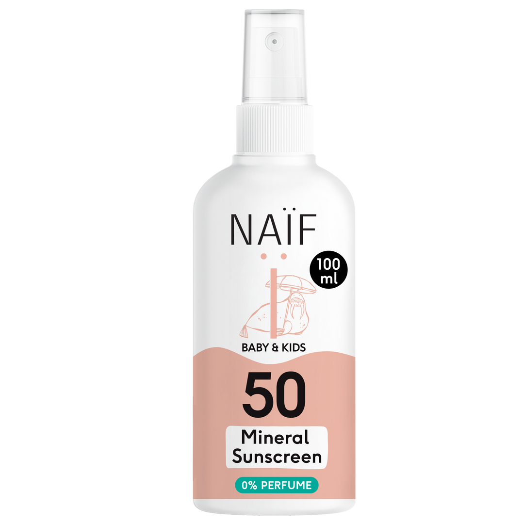 Naïf zonnecrème spray parfumvrij SPF50 100ml voor gevoelige babyhuid