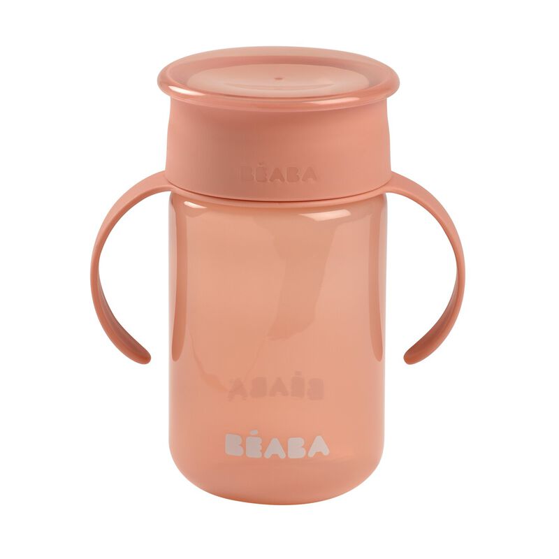 Roze Béaba 360° leerbeker met handgrepen en afsluitdeksel, 340 ml