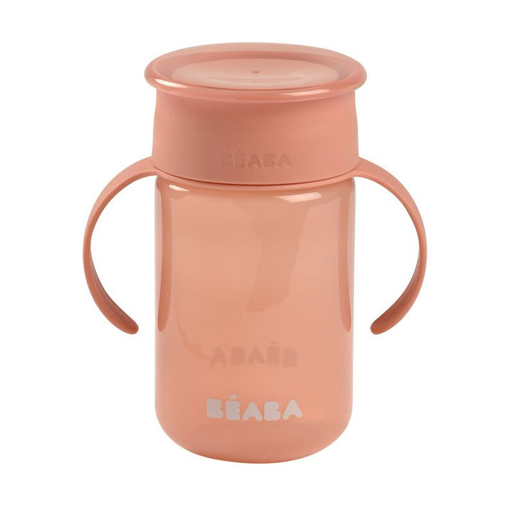 Roze Béaba 360° leerbeker met handgrepen en afsluitdeksel, 340 ml