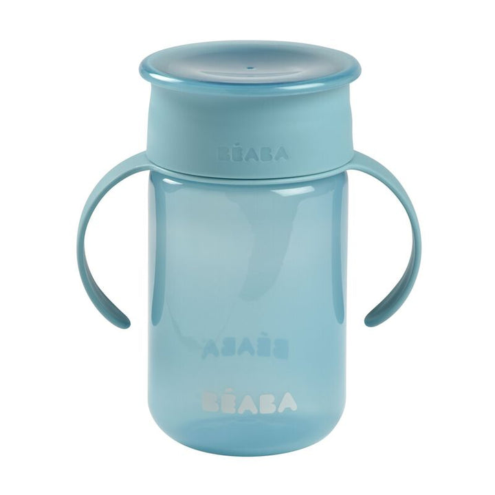 Blauwe Béaba 360° leerbeker met handgrepen en afsluitdeksel, 340 ml