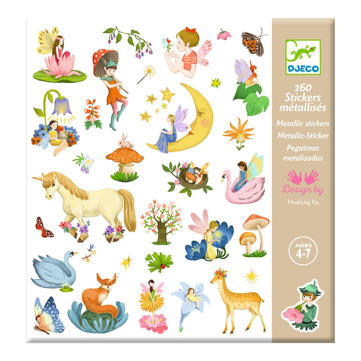 Djeco Stickers Fantasy – 160 metallic stickers met kabouters, elfjes en eenhoorns voor kinderen vanaf 4 jaar