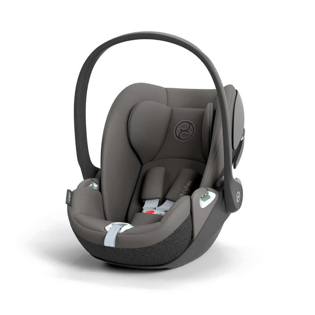 Cybex Cloud T i-Size baby-autostoel in mirage grey, getoond in liggende positie met ISOFIX basis.