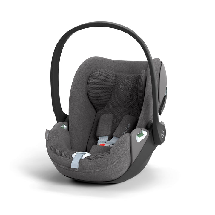 Cybex Cloud T i-Size baby-autostoel in Mirage Grey , getoond in liggende positie met ISOFIX basis.