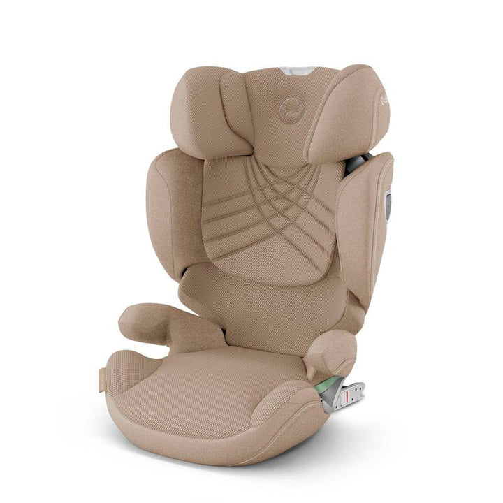 Cybex Solution T i-Fix Plus autostoel in Cozy Beige met verstelbare hoofdsteun en zijdelingse impactbescherming.