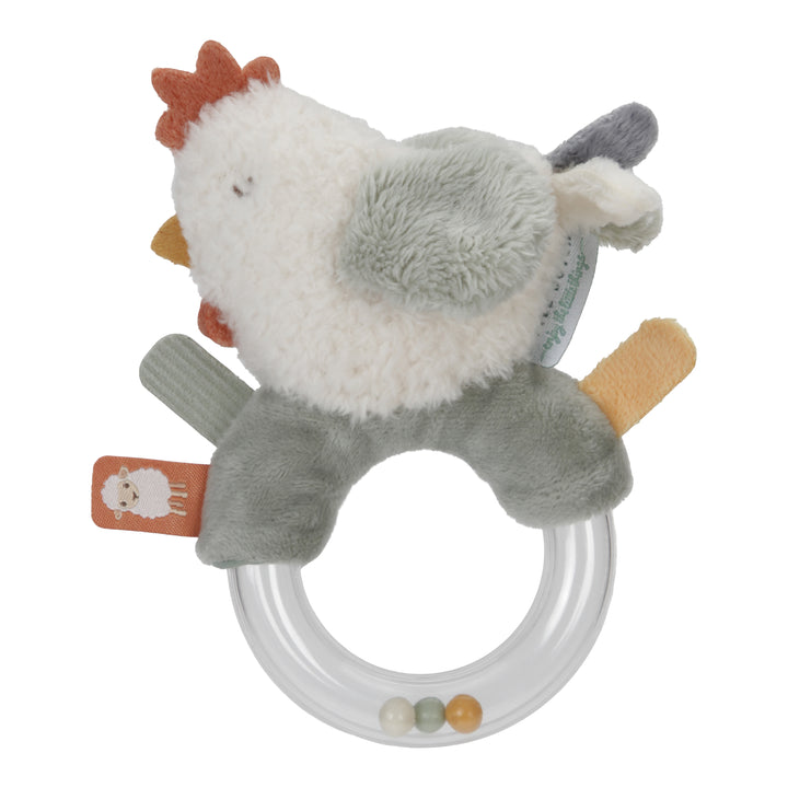 Rammelaar met ring in de vorm van een kip uit de Little Farm collectie van Little Dutch, met kraaltjes in een transparante ring.