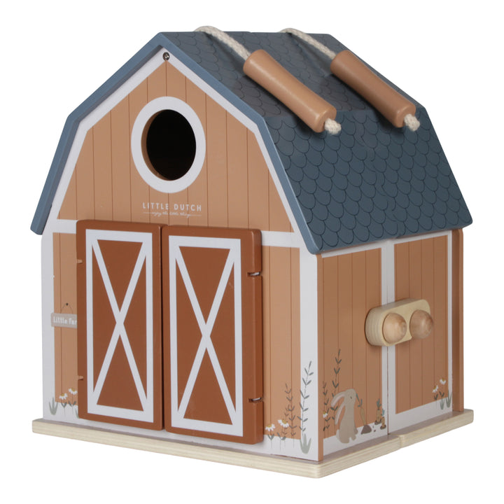 Houten poppenhuis Little Farm van Little Dutch in de vorm van een schuur, inclusief dierenfiguren.