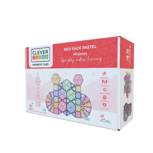 Cleverclixx Geo Pastel, 45-delige magnetische bouwset in pastelkleuren, geschikt voor het bouwen van 2D en 3D structuren